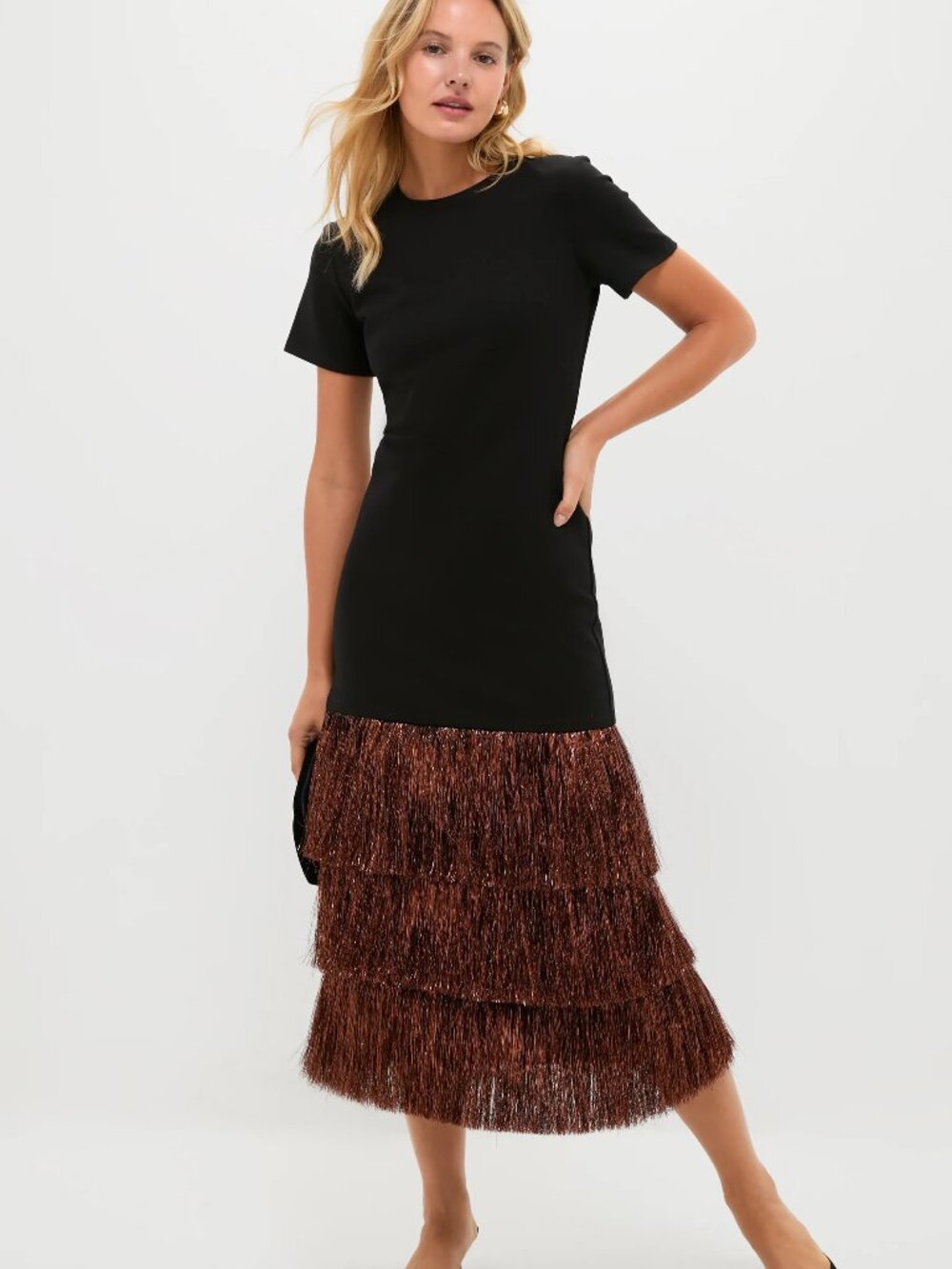 NWT Hyacinth House Black Metallic Fringe Francie Short Sleeve Maxi Dress - S
